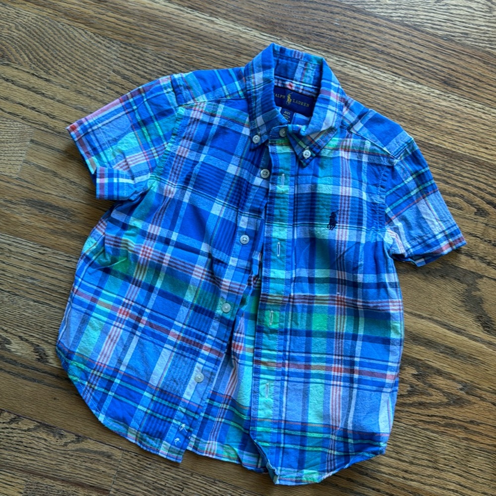 Ralph Lauren Toddler Boy Blue Plaid Cotton Button Down. Size 2T.